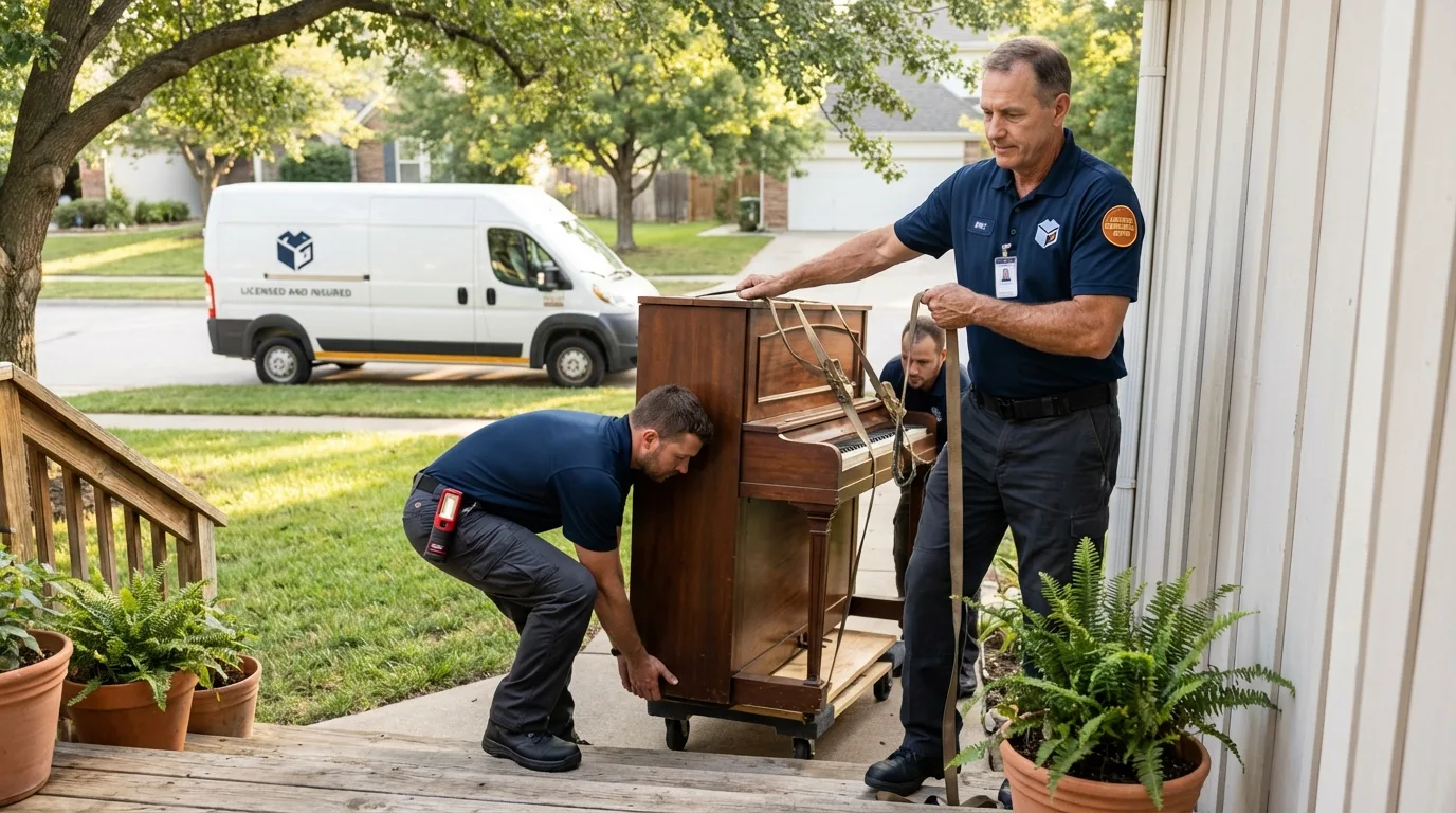 Licensed piano movers securing grand piano in Elizabethtown, IL