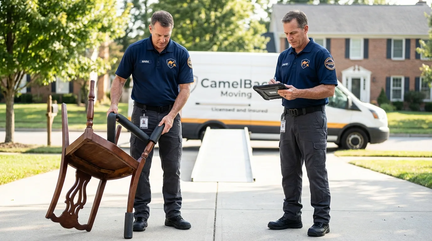 Movers inspecting furniture for damage prevention before loading in Elizabethtown, IL