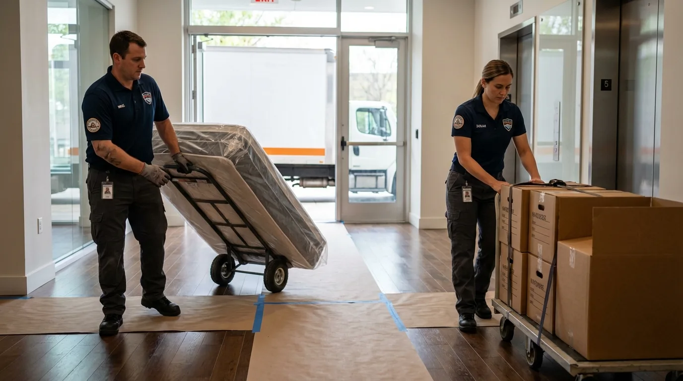 Professional apartment movers loading elevator in Elizabethtown, IL